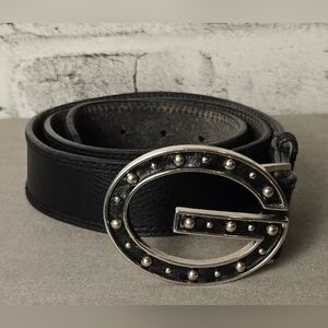 GUESS Women's Black Leather Belt with G Silver Buckle